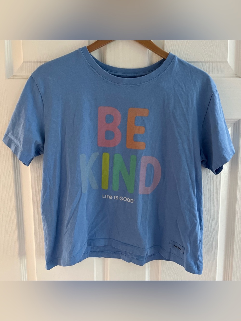 Life Is Good Small Cropped BE KIND Crusher Shirt Relaxed Boxy Tee Blue